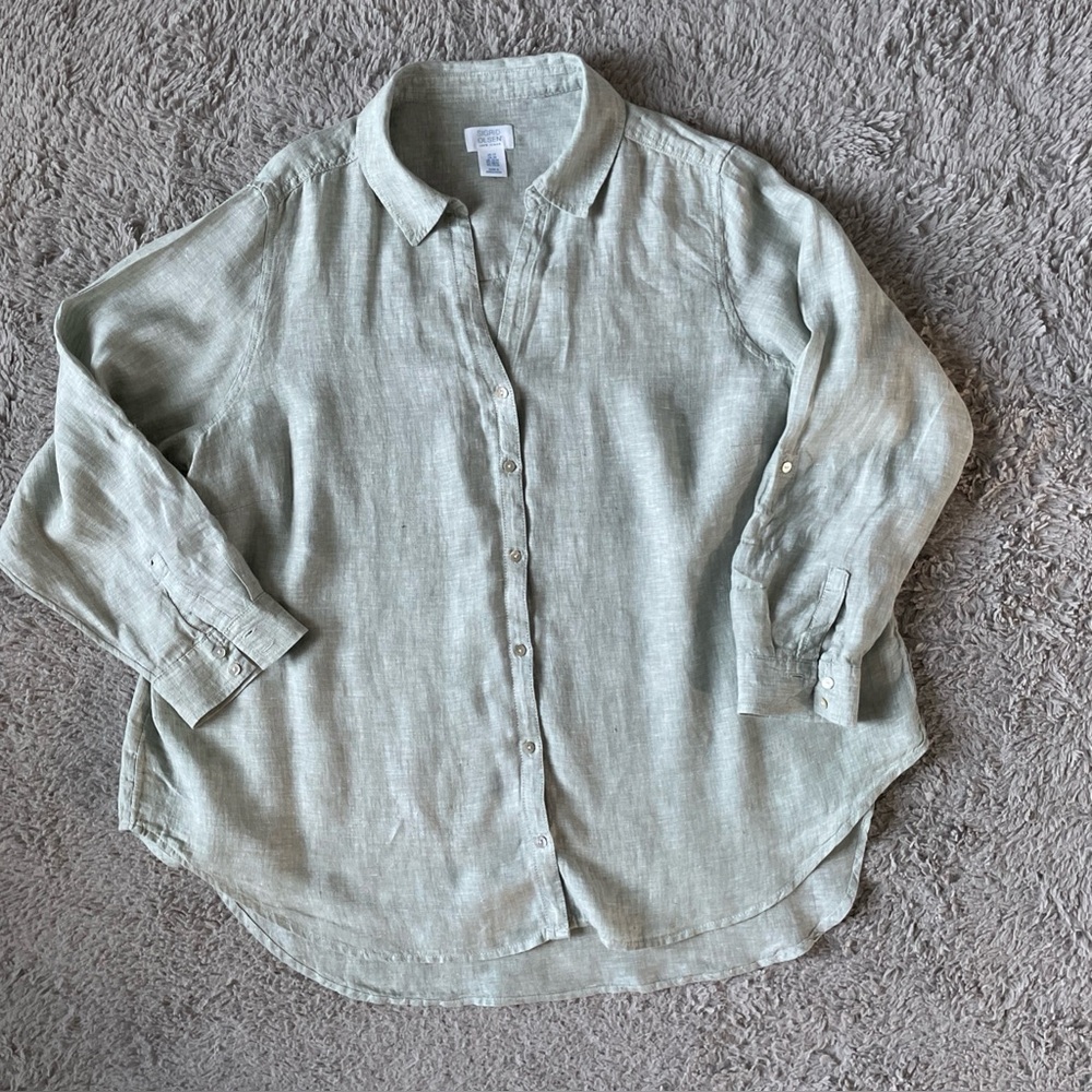 SIGRID OLSEN 100% Linen Button Down Blouse Roll Tab Sleeve Sage Green Sz 2X